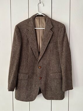 VTG Harris Tweed Wool Blazer Jacket Size 42 Brown Cream